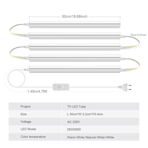 Full Set 50CM T5 Tube LED 220V 110V LED Light Bulbs Indoor Wall Ceilling / Display Cabinet Lighting Lamp DIY + Switch Power Cord